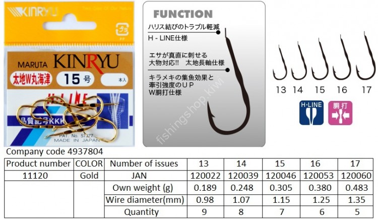 KINRYU 11120 H-Line Futo W-dou Uchi MaruKaizu #15 Gold (7pcs)