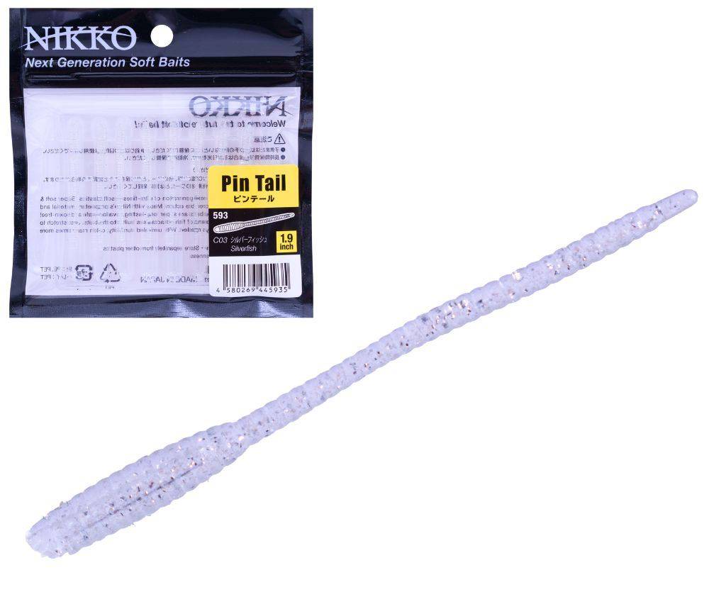 NIKKO Pin Tail Worms - 1.9" Soft Plastic Fishing Lures, 8 Pack, Silverfish Color 593, Scented With Fish Oil