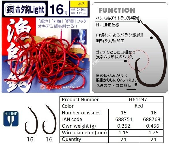 KINRYU H61197 H-Line Hagane Hota Hook Light L-pack #15 Red (24pcs)