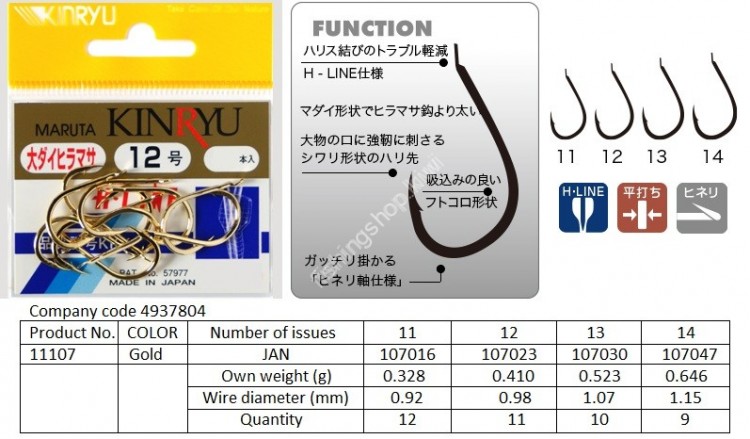 KINRYU 11107 H-Line DaiDai Hiramasa #14 Gold (9pcs)