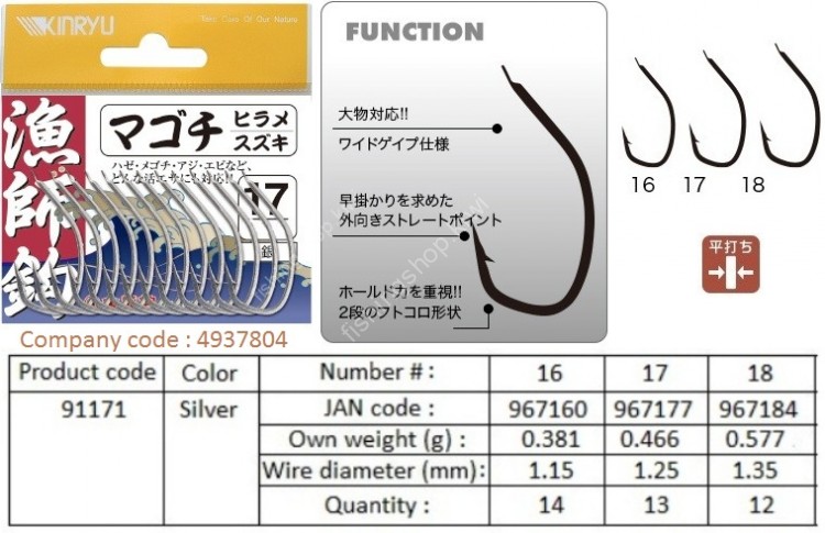KINRYU 91171 Magochi・Hirame・Suzuki #18 Silver (12pcs)